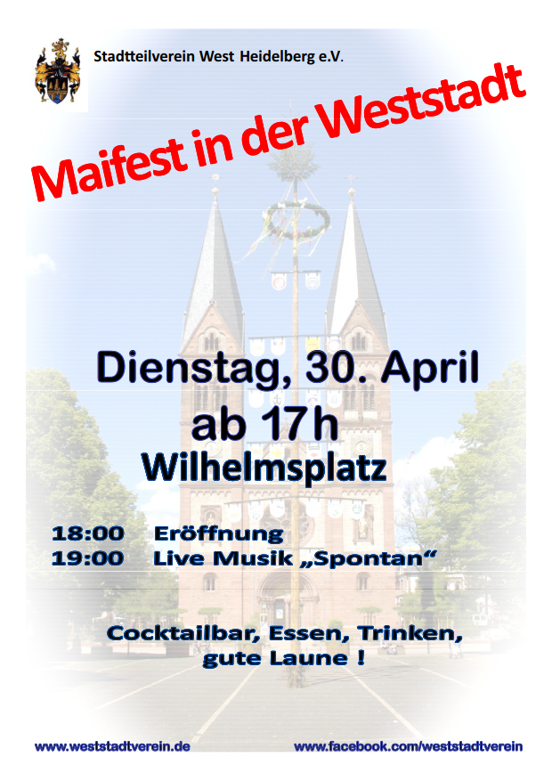 Plakat für Maifest in der Weststadt am 30. April 2019 ab 17 Uhr auf dem Wilhelmsplatz