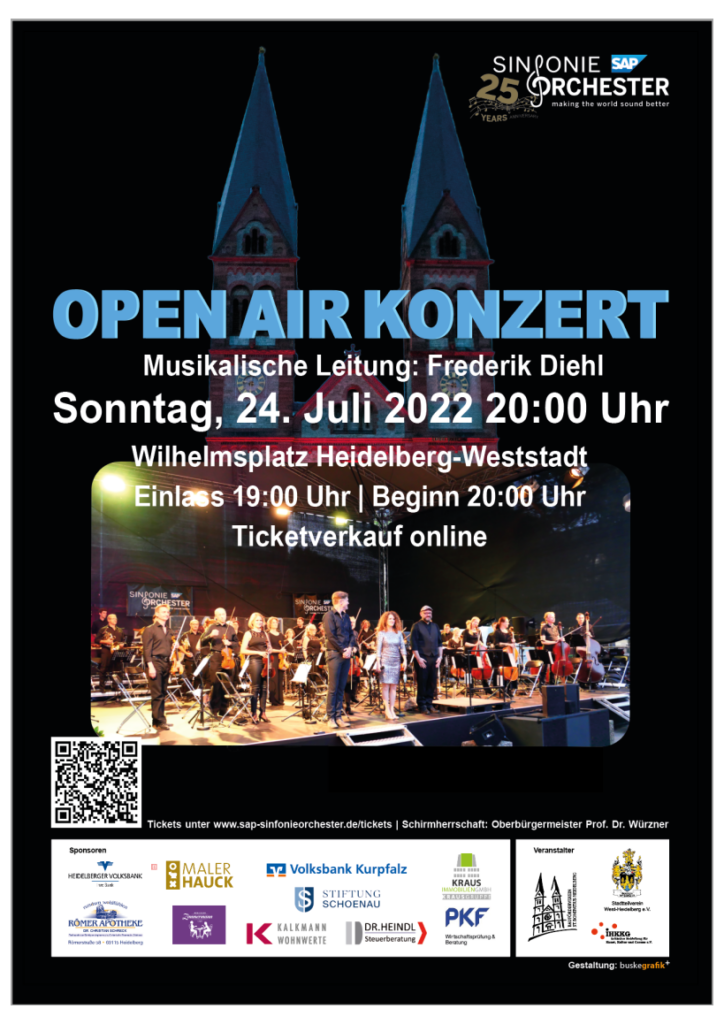 Plakat zur Ankündigung des Open Air Konzerts mit dem SAP Sinfonieorchester am Sonntag, den 24. Juli, um 20:00h auf dem Wilhelmsplatz in Heidelberg-Weststadt