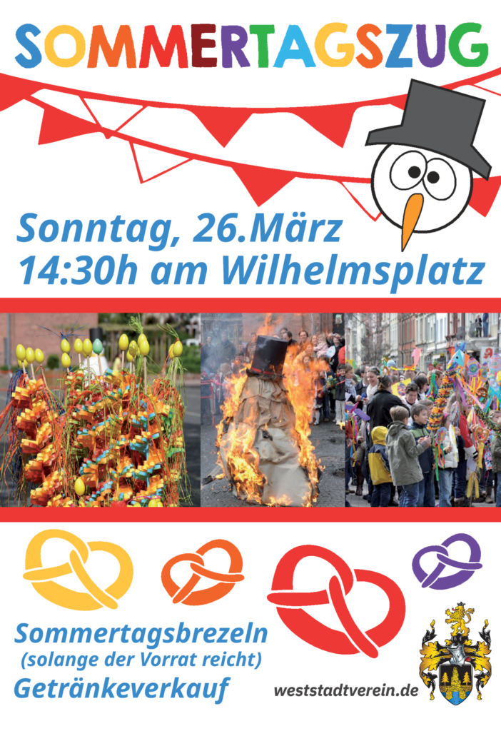 Plakatankündigung für den Sommertagszug am 26. März 2023 auf dem Wilhlemplatz. Es gibt Sommertagsbrezeln, solange der Vorrat reicht, und eine Getränkeverkauf