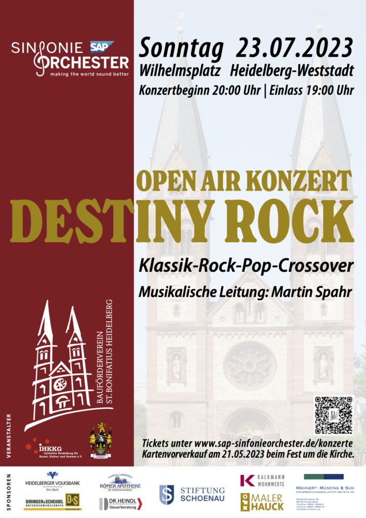 Veranstaltungsplakat für das Open Air Konzert auf dem Wilhelmsplatz in der Heidelberger Weststadt am 23. Juli 2023. Destiny Rock, Klassik-Rock-Pop-Crossover. 