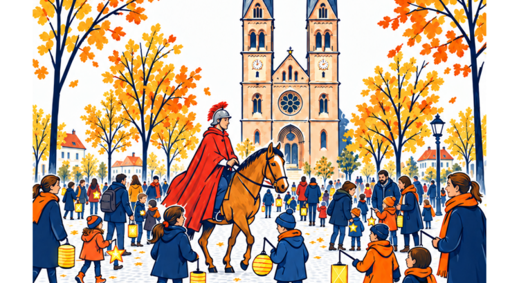 Plakat mit der Ankündigung des Martinsumzugs am 7. November 2026 um 17 Uhr auf dem Wilehlmsplatz in Heidelberg. Zu shen ist ein mit Kinder und Eltern gefüllter Wilhelmplatz mit der Bonifatiuskirche im Hintergrund und St. Martin auf einem Pferd. Das Bis ist gezeichnet.